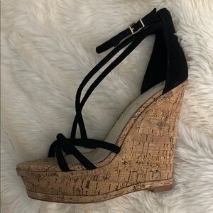 Black and Tan Cork Wedge Sandals with Ankle Wrap